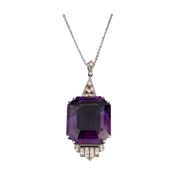 Art-deco Pendant In Platinum And Diamonds Set With An Important Amethyst