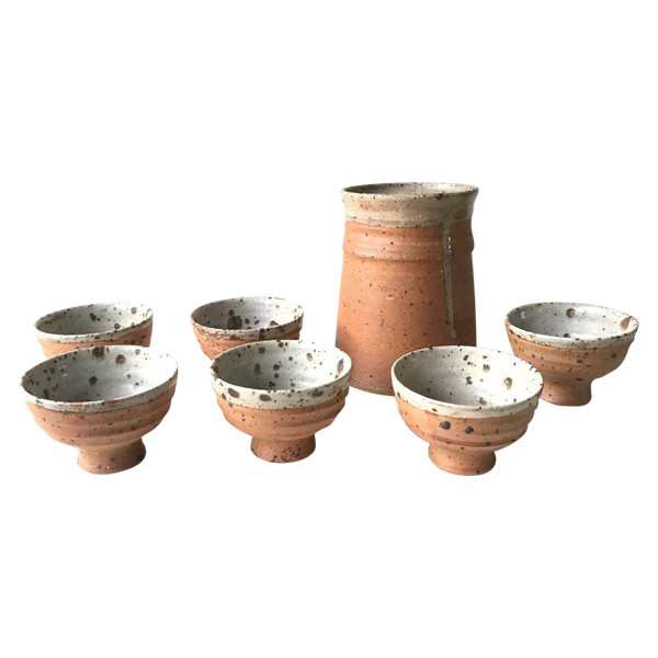 Pot service with 6 goblet cups in pyrite stoneware by Gustave Tiffoche, La Borne.