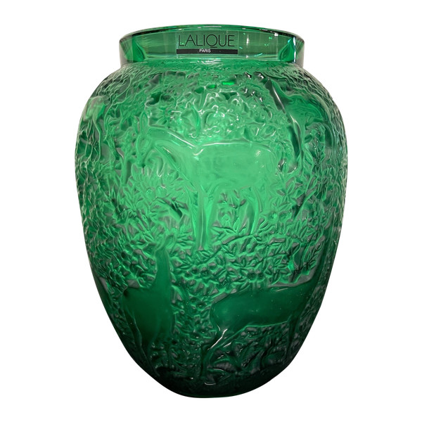 Lalique France - Vase Aux Biches Cristal Vert Style Art Deco