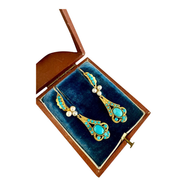 boucles d'Oreilles En Or, Turquoises Et Perles