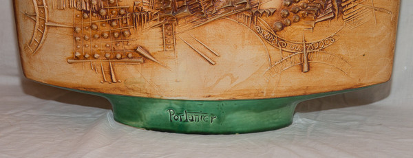 Vallauris Flat Ceramic Vase Signed Portanier Circa 1960