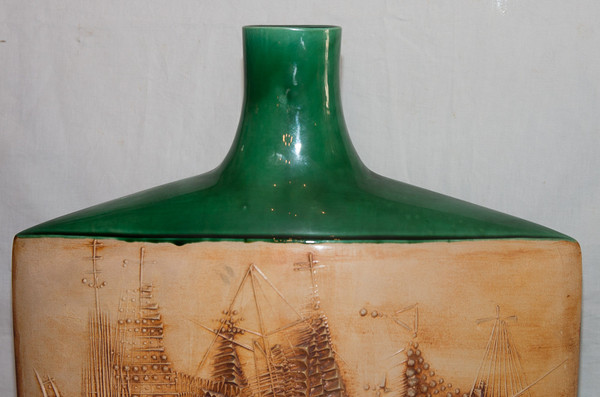 Vallauris Flat Ceramic Vase Signed Portanier Circa 1960