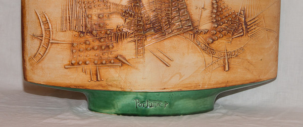 Vallauris Flat Ceramic Vase Signed Portanier Circa 1960