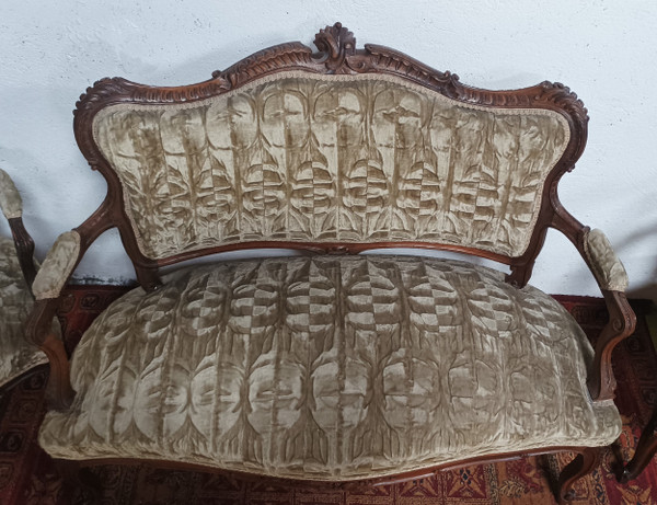 Salon ensemble banquette et fauteuils Rocaille en noyer