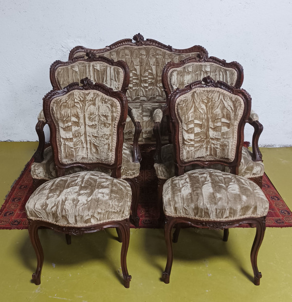 Salon ensemble banquette et fauteuils Rocaille en noyer