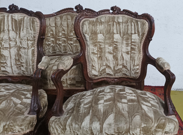 Salon ensemble banquette et fauteuils Rocaille en noyer