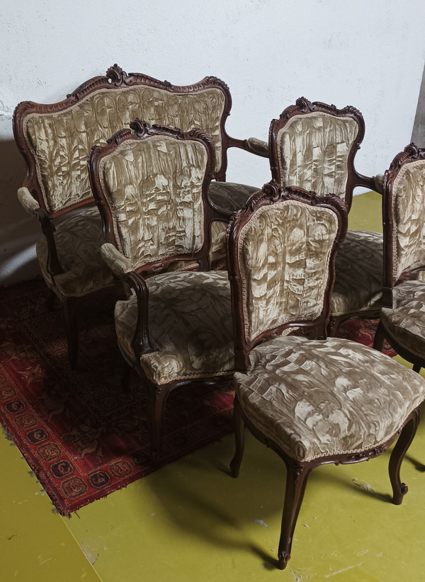 Salon ensemble banquette et fauteuils Rocaille en noyer