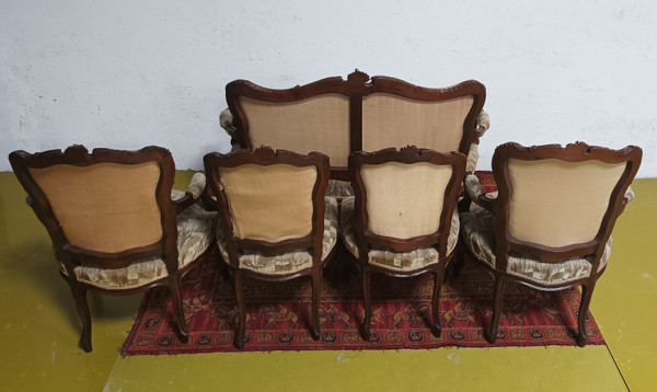 Salon ensemble banquette et fauteuils Rocaille en noyer