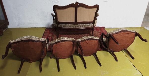 Salon ensemble banquette et fauteuils Rocaille en noyer