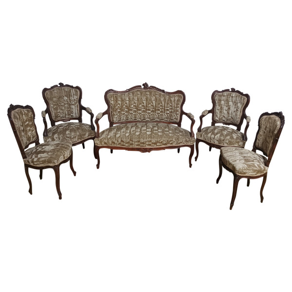 Salon ensemble banquette et fauteuils Rocaille en noyer