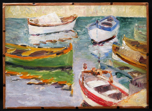 FRANZÖSISCHE Schule um 1910-1920, Boote legten in einem Mittelmeerhafen an