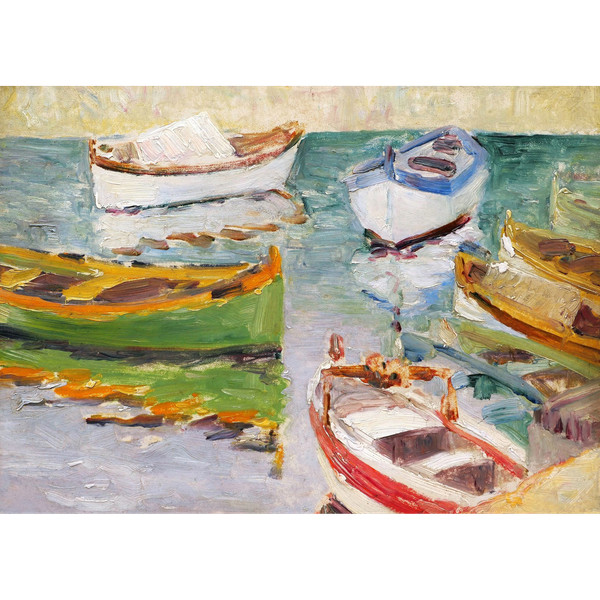 FRANZÖSISCHE Schule um 1910-1920, Boote legten in einem Mittelmeerhafen an