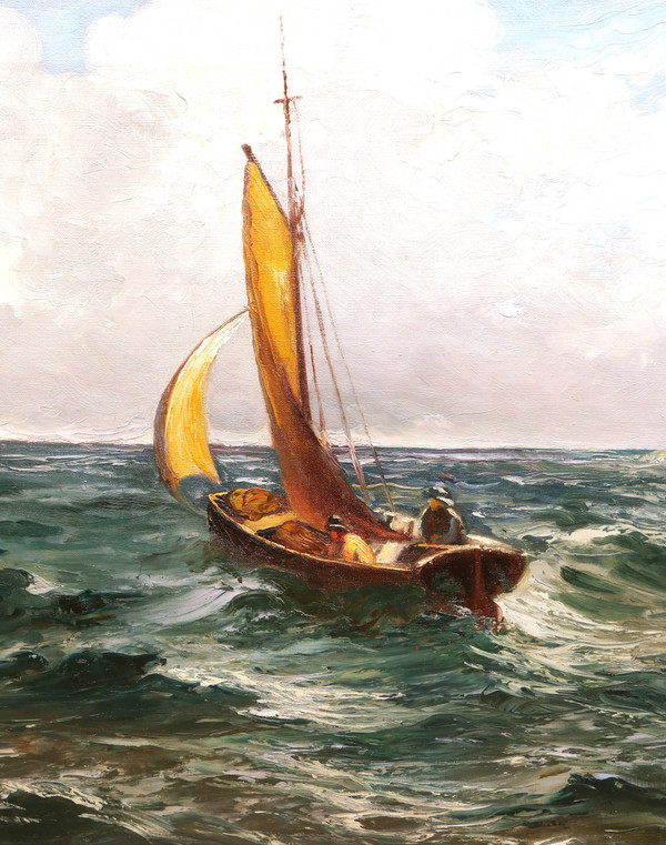 Attributed to Émile GODCHAUX, Boat and sailors at sea
