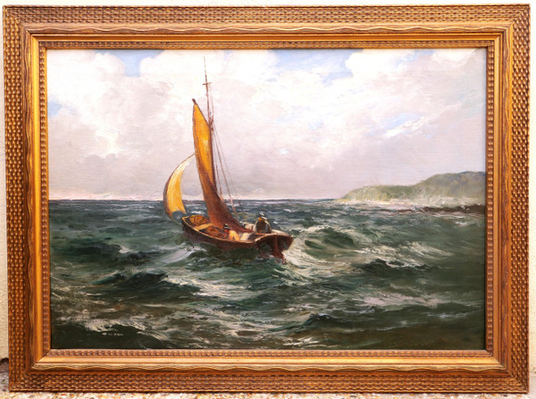 Attributed to Émile GODCHAUX, Boat and sailors at sea