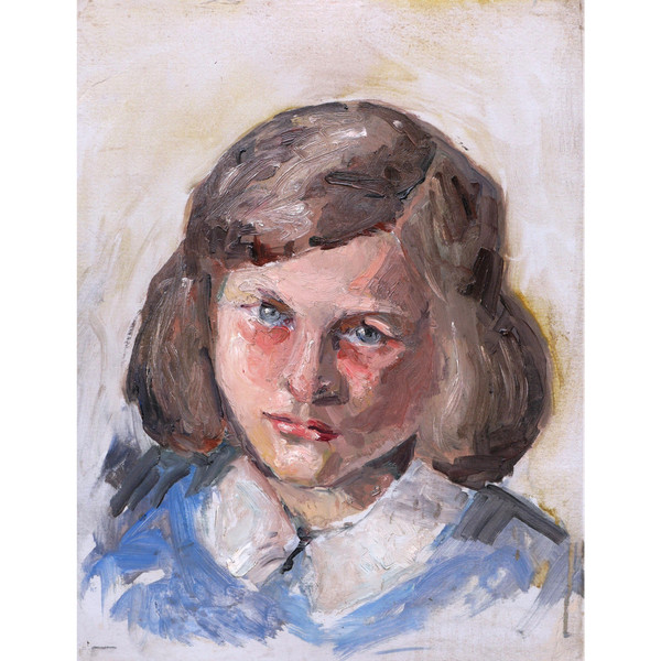École FRANÇAISE circa 1930, Portrait de petite fille brune aux yeux bleus