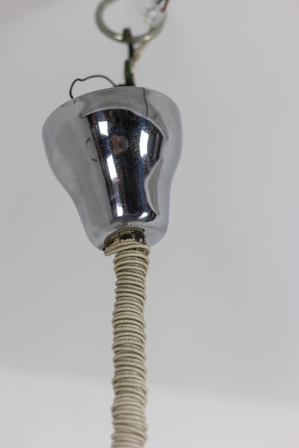 Lampada a sospensione in stile industriale in metallo spazzolato e opalino. Anni '70