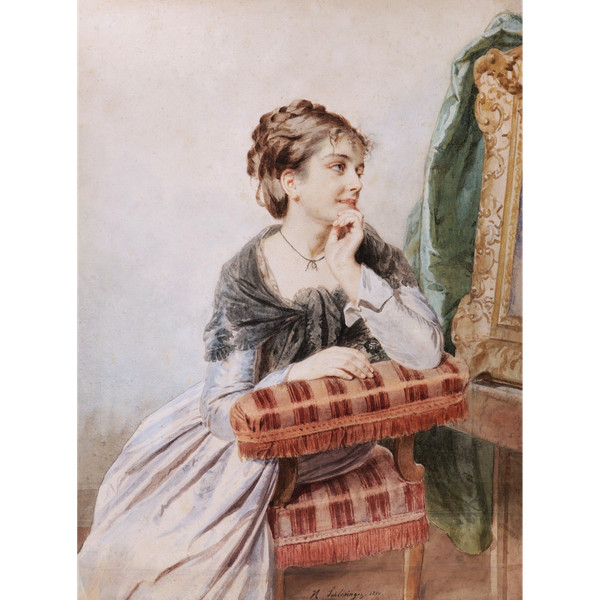 Henri Guillaume SCHLESINGER, Jeune femme assise admirant un tableau
