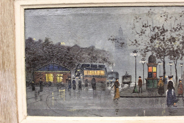 Huile Sur Toile Vue De Paris Animée Le Soir Vers 1900