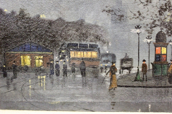 Huile Sur Toile Vue De Paris Animée Le Soir Vers 1900