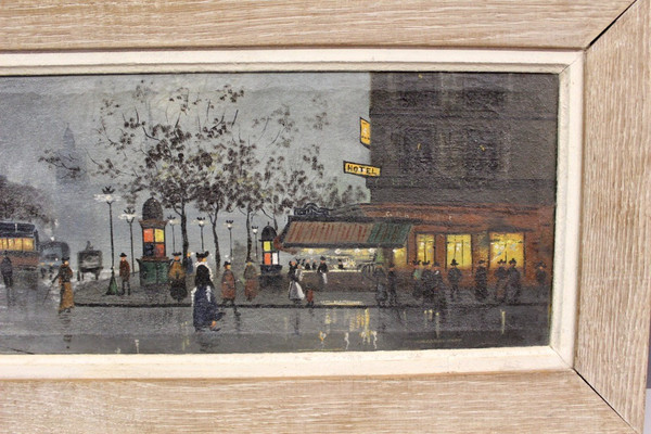 Huile Sur Toile Vue De Paris Animée Le Soir Vers 1900