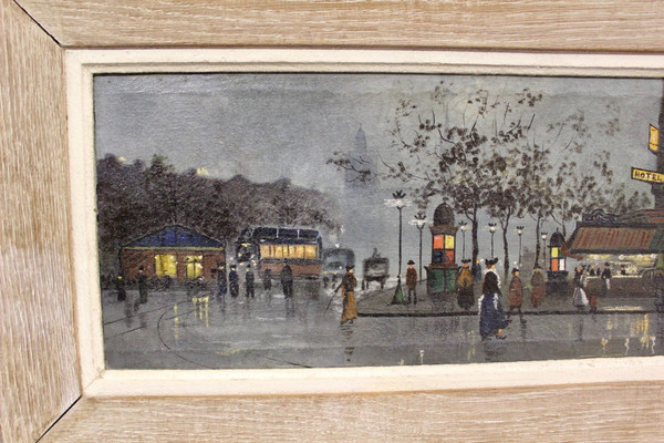 Huile Sur Toile Vue De Paris Animée Le Soir Vers 1900