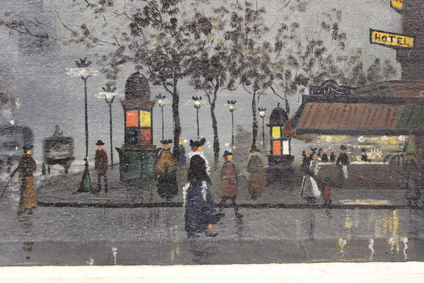 Huile Sur Toile Vue De Paris Animée Le Soir Vers 1900