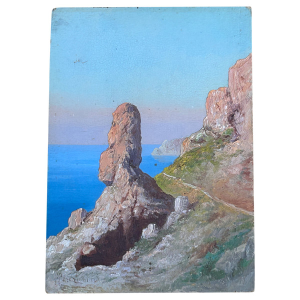 Andréa Cherubini (Born In 1833) View Of Capri - Small Painting On Panel