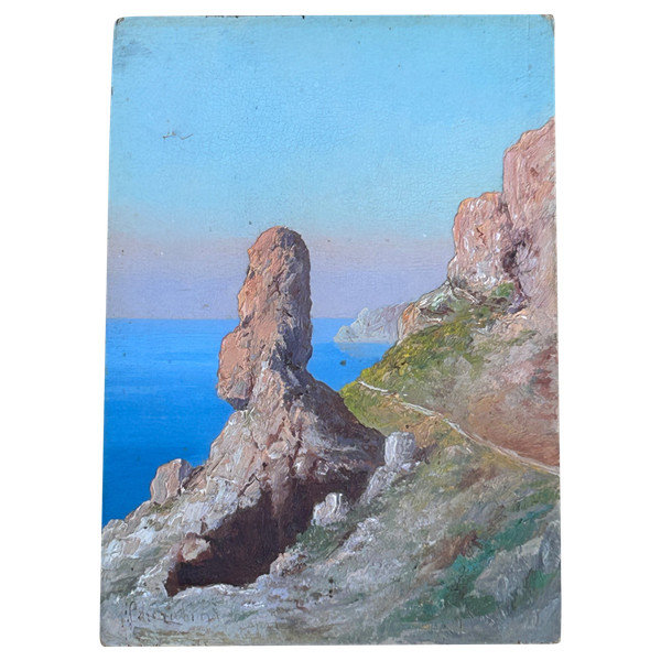 Andréa Cherubini ( Né En 1833 ) Vue De Capri - Petite Peinture Sur Panneau 