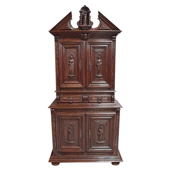 Small buffet two bodies gothic spirit in solid walnut - nineteenth