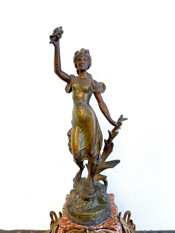 Pink marble clock with Art Nouveau woman statue by Emile GUILLEMIN 19th