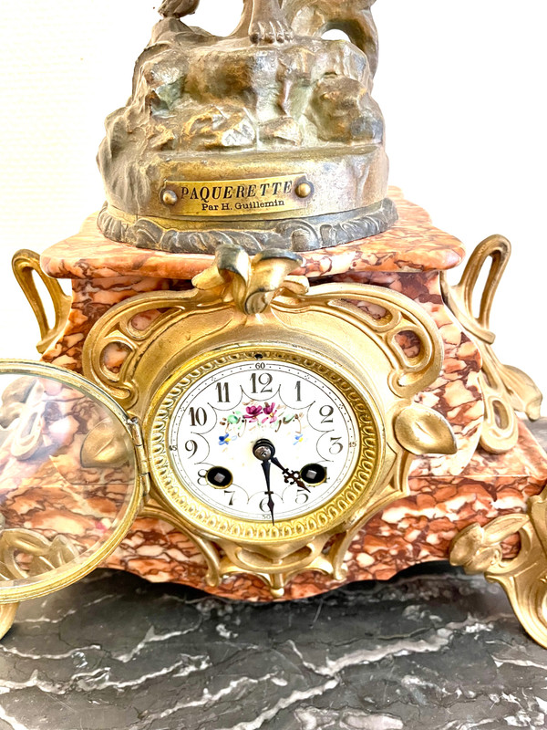 Pink marble clock with Art Nouveau woman statue by Emile GUILLEMIN 19th