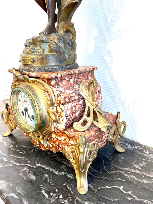 Pink marble clock with Art Nouveau woman statue by Emile GUILLEMIN 19th