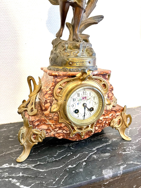 Pink marble clock with Art Nouveau woman statue by Emile GUILLEMIN 19th