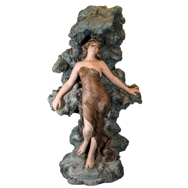 PALADINO, DONNA SULLA ROCCIA, terracotta Rocaille, fontana Art Nouveau, 78 cm