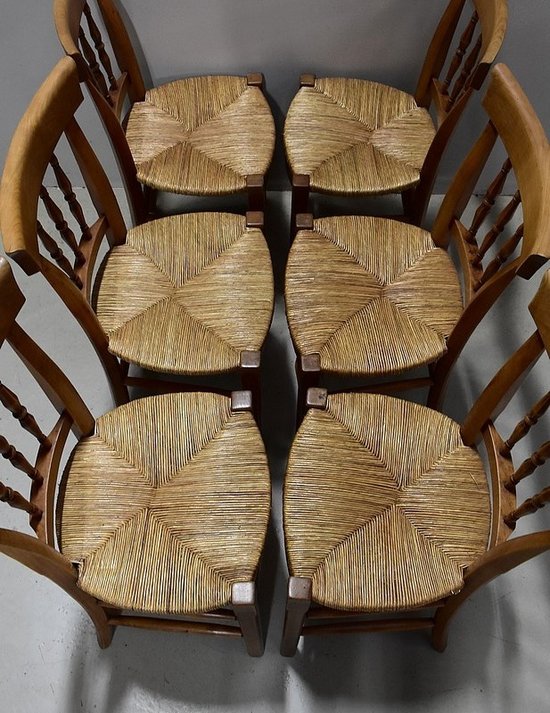 Suite of 6 Straw Chairs in Blond Cherry - 2nd half of the 19th century