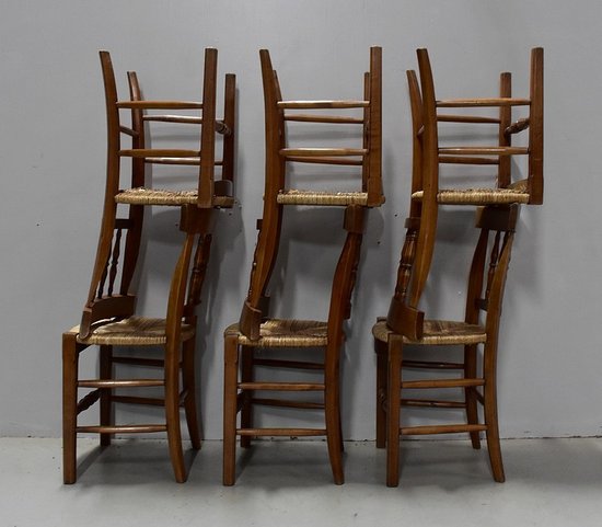 Suite of 6 Straw Chairs in Blond Cherry - 2nd half of the 19th century
