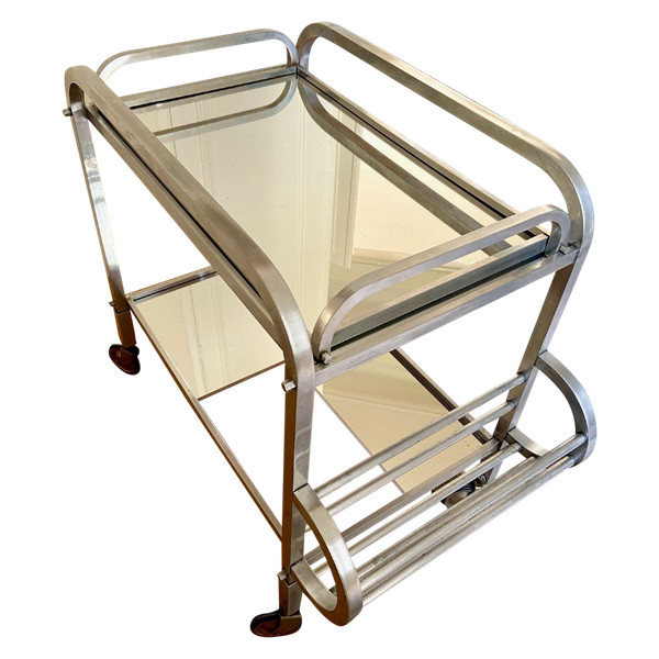 France, 1950s/60s, Aluminum Caster Table And Its Removable Jacques Adnet Style Top.
