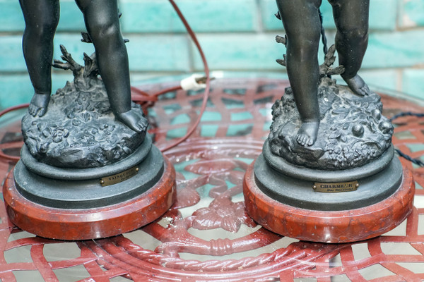 ANGES, "CHARMEUR" et "VAINQUEUR", par Ernest RANCOULET, paire de lampes flammes, régule