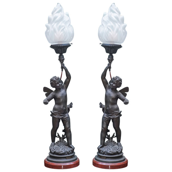 ANGELS, "CHARMER" and "VAINQUEUR", by Ernest RANCOULET, pair of flame lamps, regulates