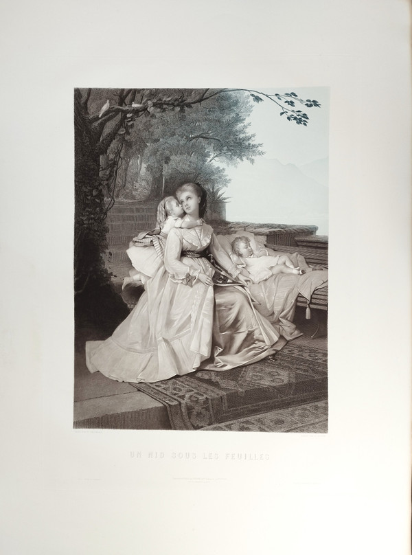 Large Engraving By Cottin After Brochart Maternity 19th C Etching Old Print