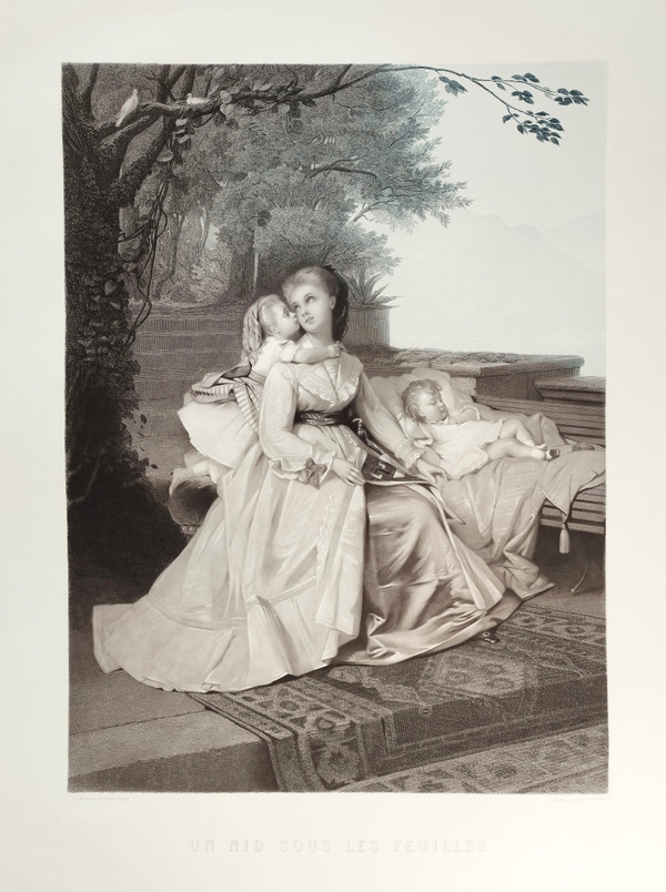Large Engraving By Cottin After Brochart Maternity 19th C Etching Old Print