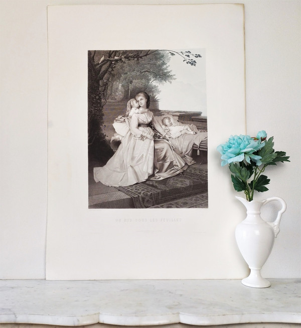 Large Engraving By Cottin After Brochart Maternity 19th C Etching Old Print