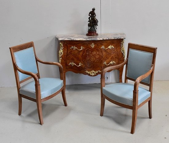 Pair of Solid Light Walnut Armchairs, Directoire Period - Late 18th Century - Early 19th Century