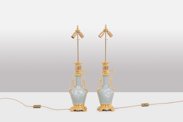 Pair of Celadon porcelain and gilded bronze lamps. Circa 1880.