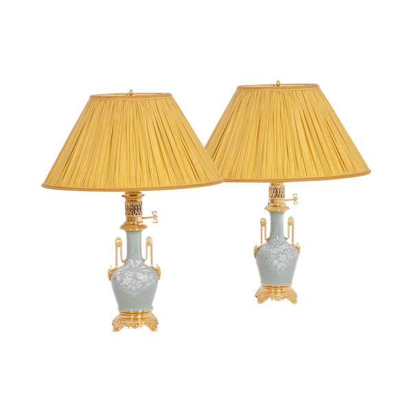 Pair of Celadon porcelain and gilded bronze lamps. Circa 1880.