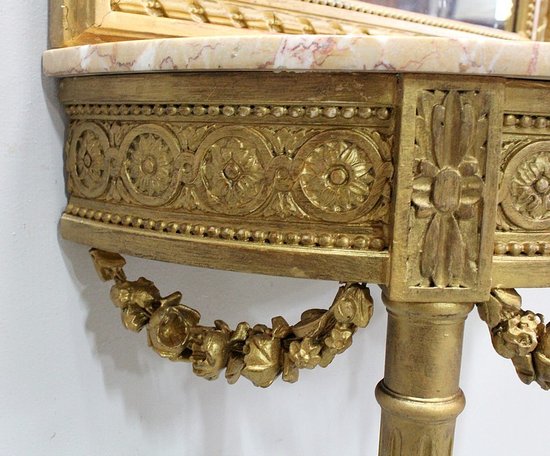  Set di Specchio Trumeau e Console Mezzaluna, in Legno Dorato - Fine XIX Secolo