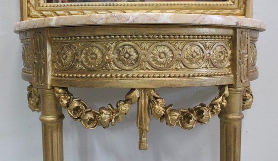  Set di Specchio Trumeau e Console Mezzaluna, in Legno Dorato - Fine XIX Secolo