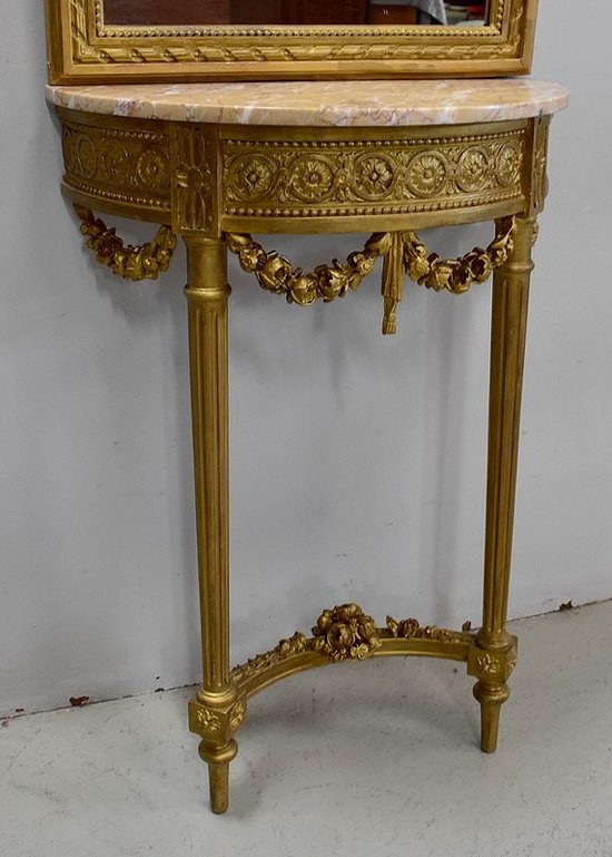  Set di Specchio Trumeau e Console Mezzaluna, in Legno Dorato - Fine XIX Secolo