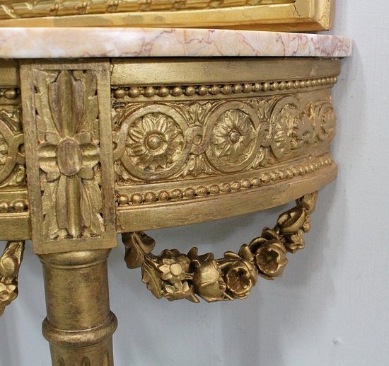  Set di Specchio Trumeau e Console Mezzaluna, in Legno Dorato - Fine XIX Secolo