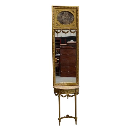  Set of Trumeau Mirror and Half-Moon Console, in Golden Wood - Late 19th Century